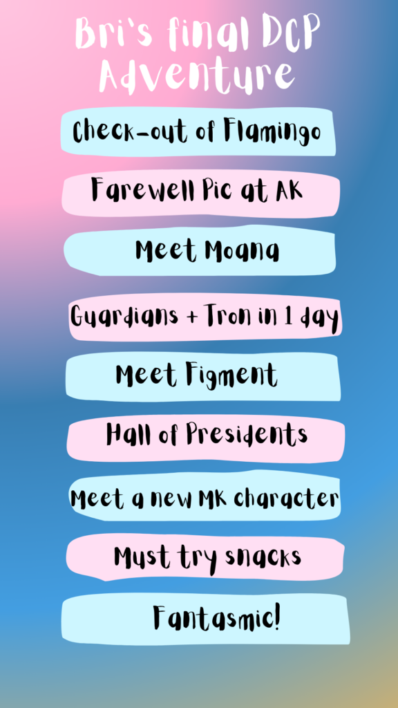 A checklist of must do activities like meeting characters, taking 'goodbye' photos, riding tron and guardians in same day, trying new snacks, seeing hall of presidents, and watching Fantasmic