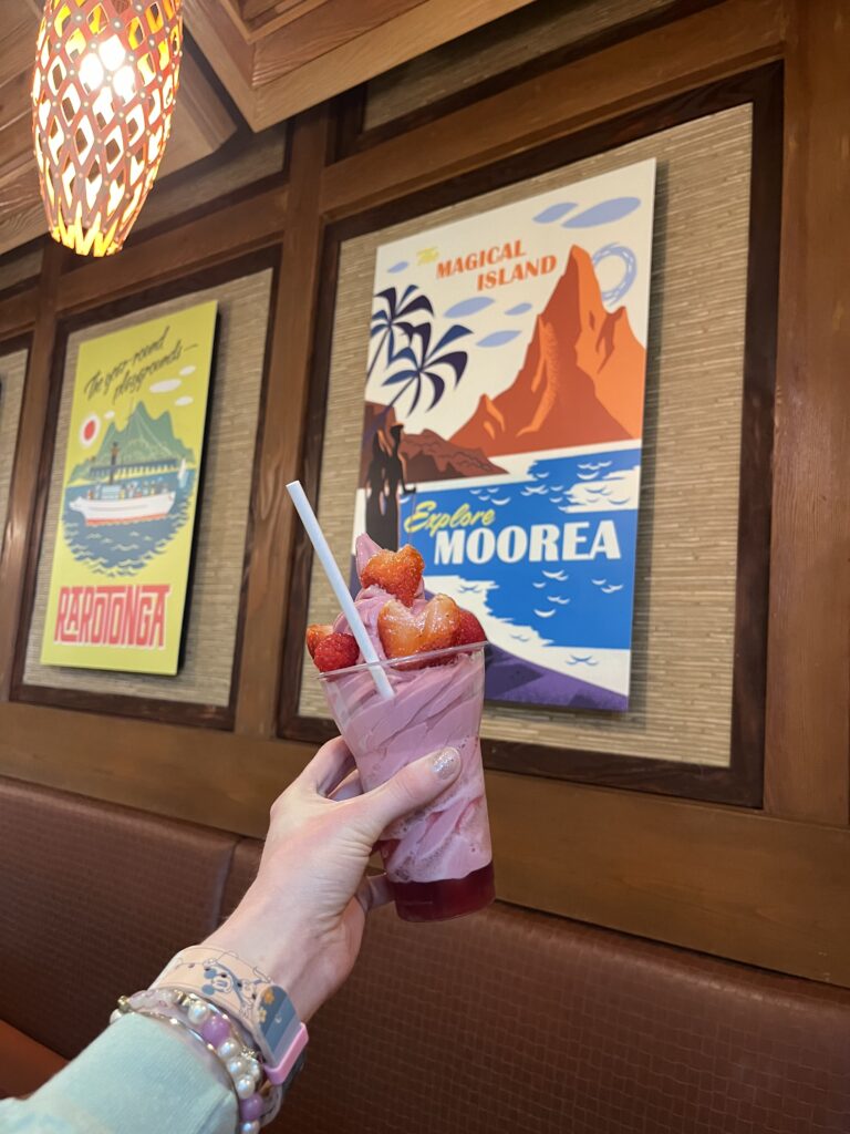 A pink dole whip with strawberry shaped hearts