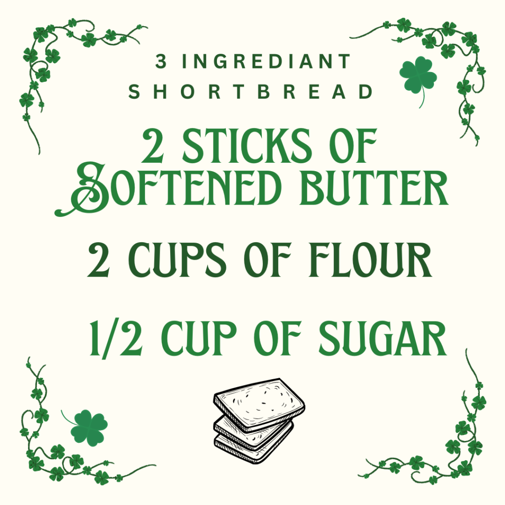 Recipe card for 3 ingrediant irish shortbread: 2 sticks of softened butter, 2 cups of flour, and 1/2 cup of sugar.