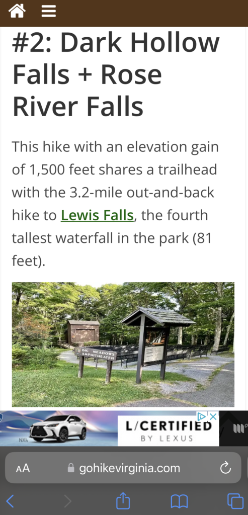 Screenshot of hiking directions.