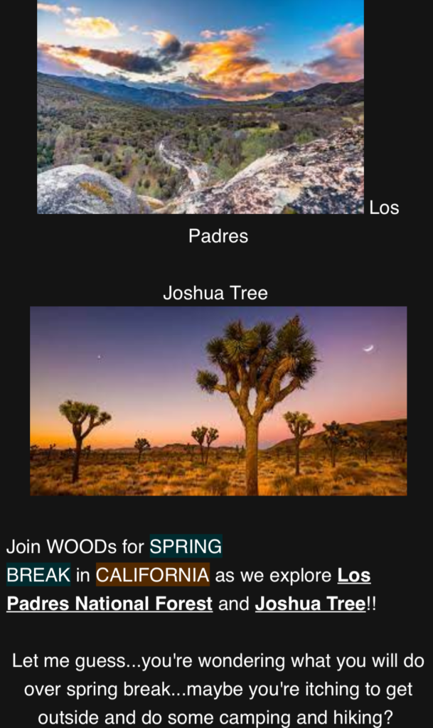 Screenshot of an email promoting the WOODs spring break trip to Los Padres and Joshua Tree California.