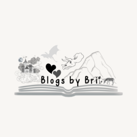 Blogs by Bri logo shows title over a book surrounded by icons that represent Bri's likes and imagination such as a castle in a night sky a a dragon flies by, dancing hearts, a mountain and dinosaur skull, a mushroom and a zebra