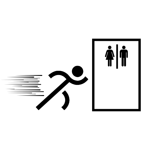 stick figure running to silhouette of a bathroom.