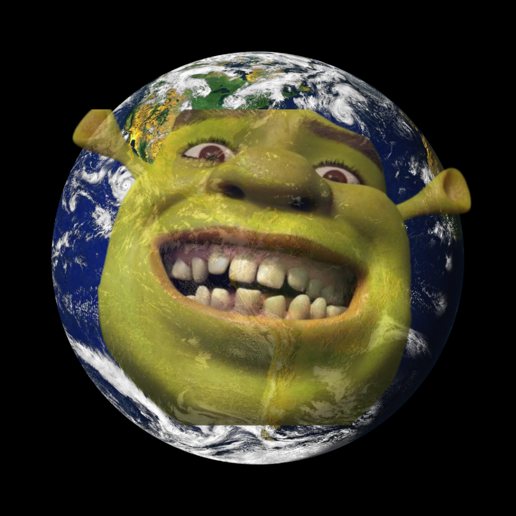 Shreks face on top of a picture of the earth