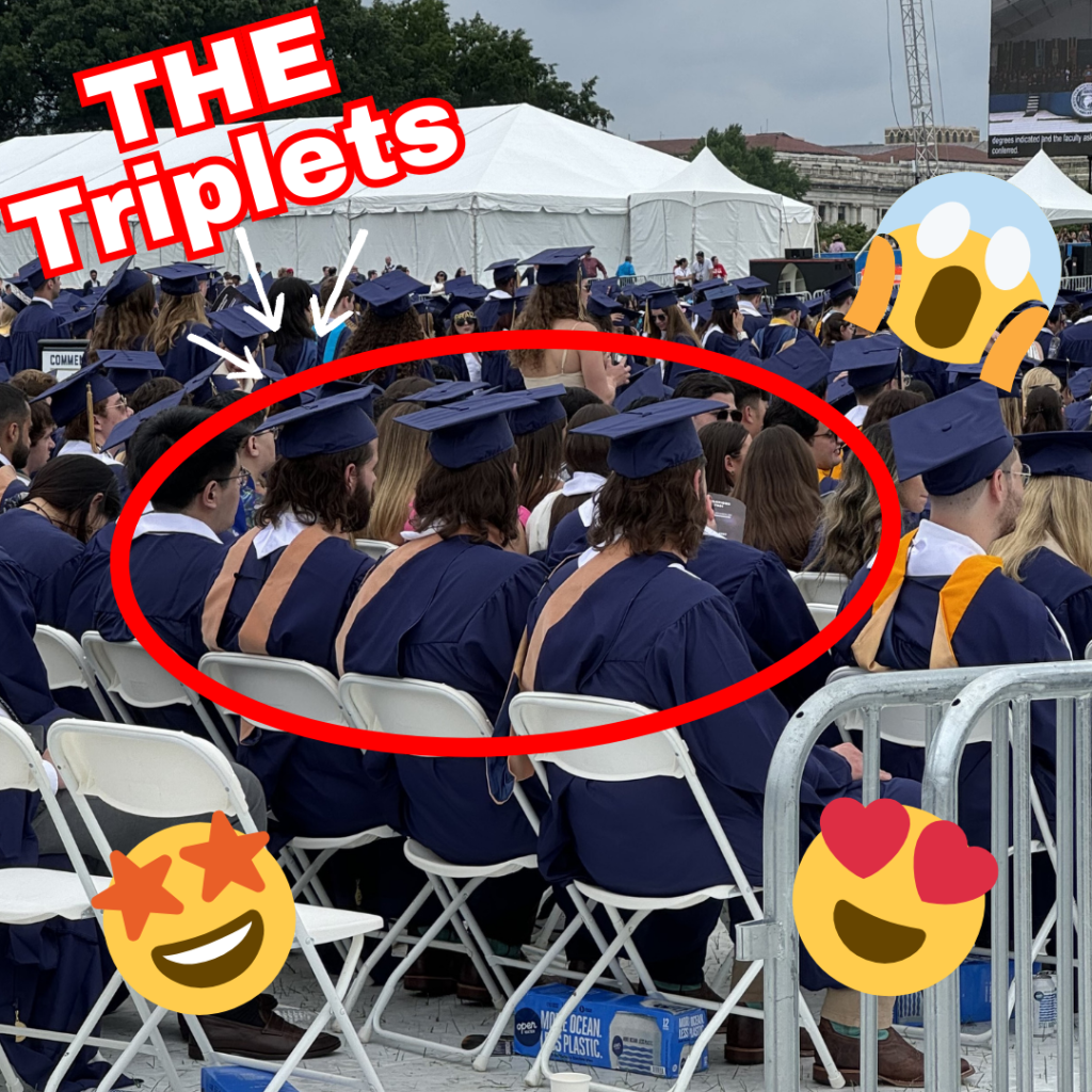 A red circle around 3 triplets in grad caps and gowns.