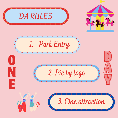 A pink background with text in different text circles. The first text says "Da Rules" the next text bubble says "1. Park entry", next bubble "2. Pic by logo" and last bubble "3. One attraction"